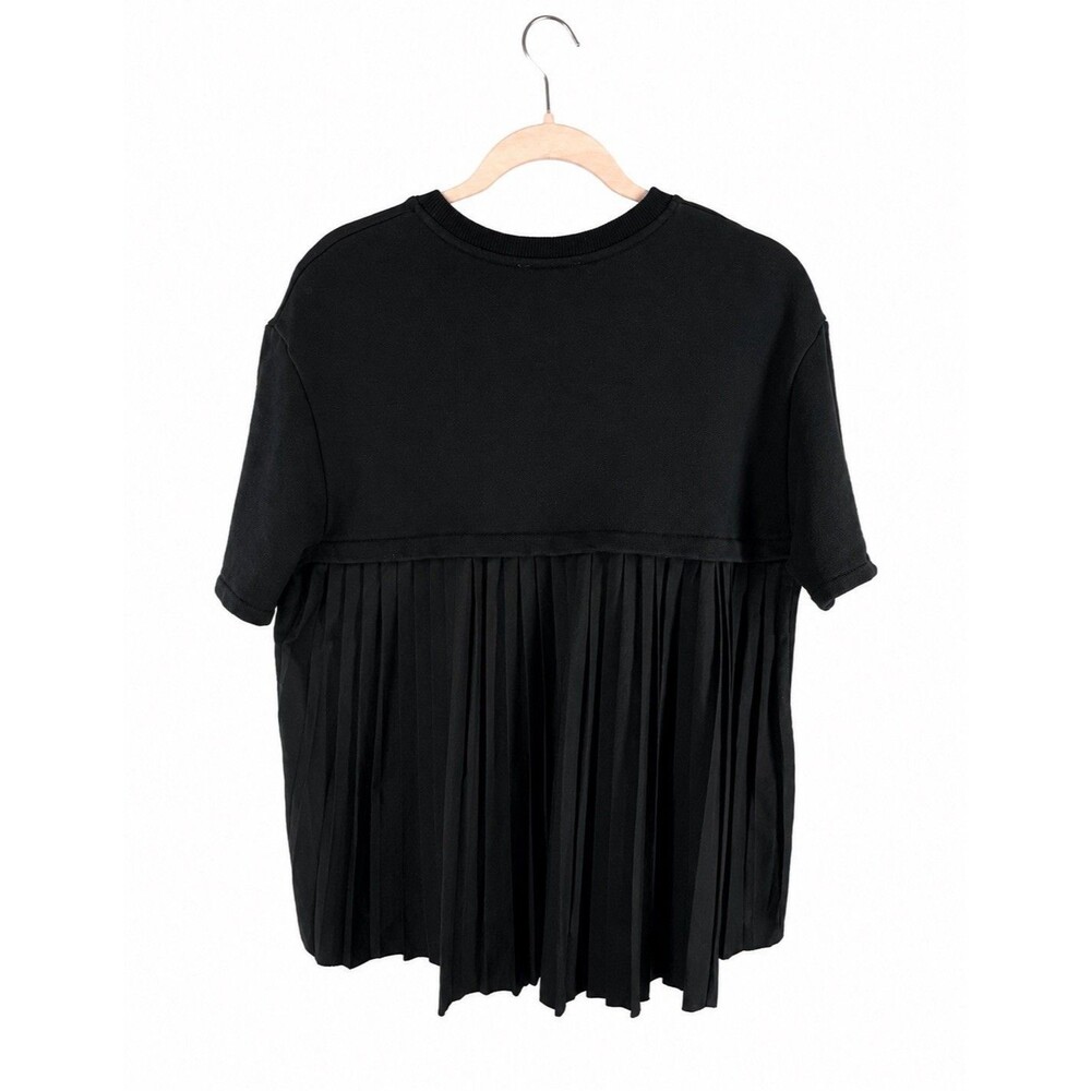 ZARA Black Pleated Back Top Women’s M Short Sleeve Cotton Blend High Low Shirt